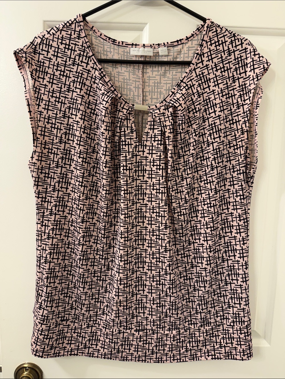New York & Company Pink Sleeveless Blouse with Black Grid Pattern